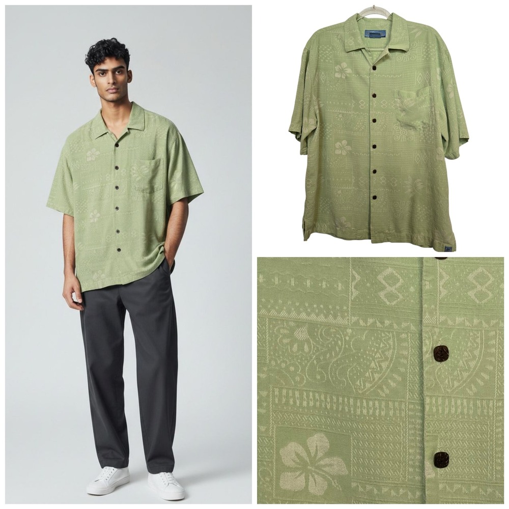 Bermuda Bay Mens Silk Hawaiian Shirt Aloha Print Short Sleeve Pastel Green M